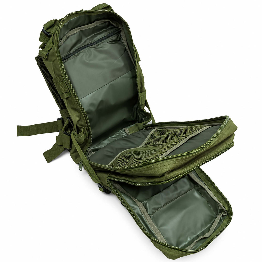 Green 25L tactical backpack opened to show the main compartment, internal zippered pocket, mesh organizer, and lined storage sections.