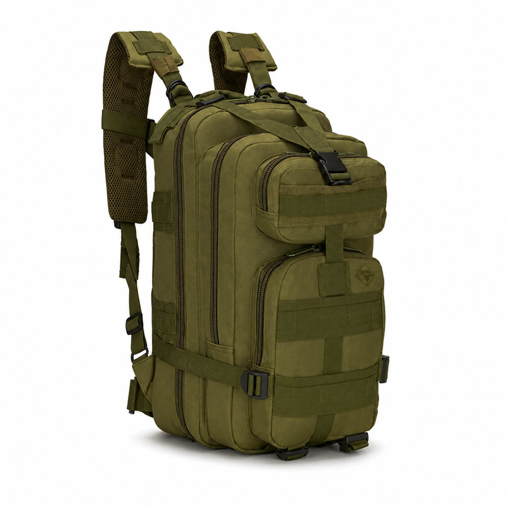 Khaki 25L tactical backpack with multiple front compartments, MOLLE webbing, compression straps, and padded shoulder straps.