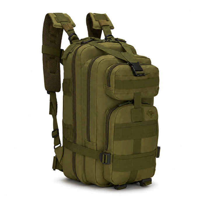 Khaki 25L tactical backpack with multiple front compartments, MOLLE webbing, compression straps, and padded shoulder straps.