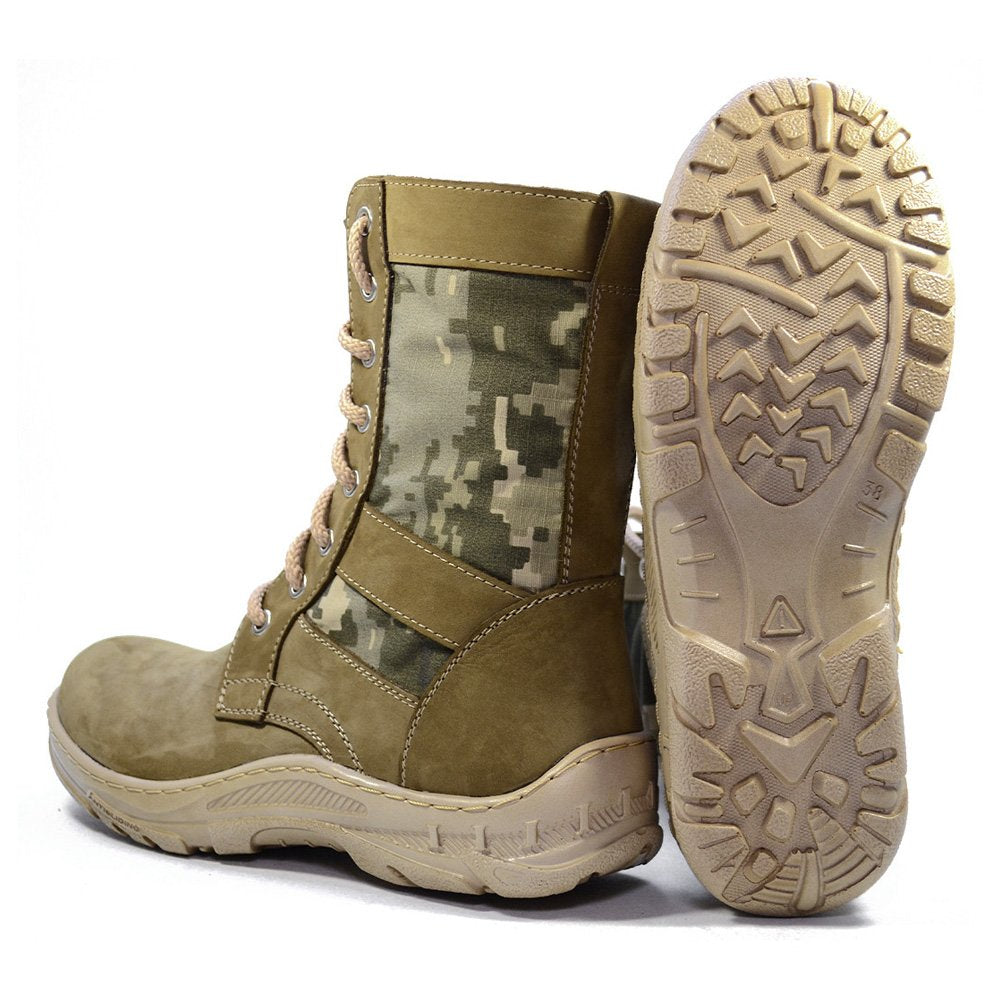 Pair of Ukrainian beige tactical boots with pixel camo inserts, one upright and one showing the sole