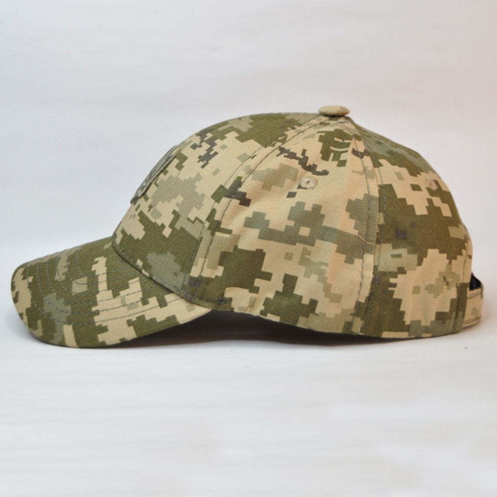 Side angled view of military pixel camo cap with embroidered Ukrainian trident