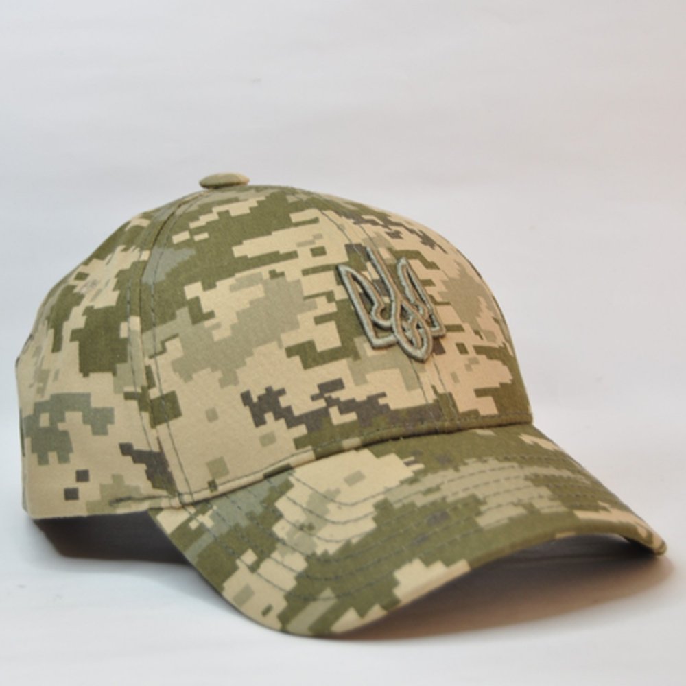 Ukrainian trident embroidered on front of digital camo cap
