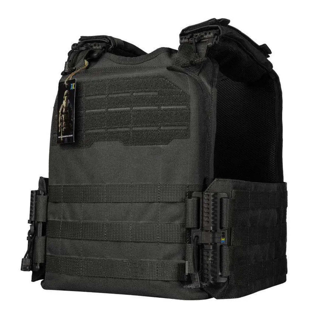 Full front and side view of black plate carrier vest