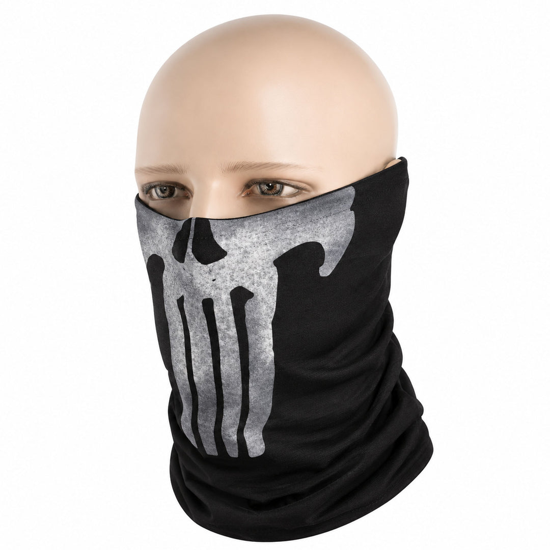 Punisher skull neck gaiter worn over the nose, mouth, and neck, showing the large grey skull print on black polyester fabric.