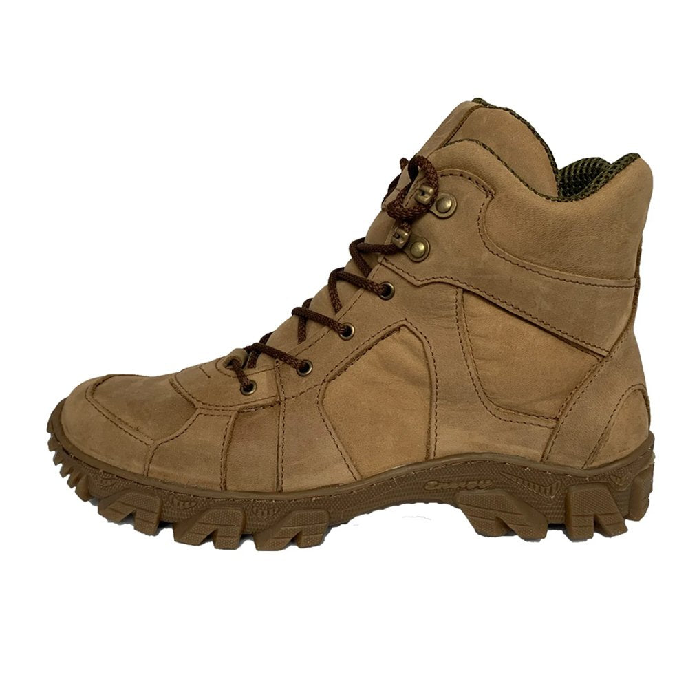 Angled view of Coyote ankle boot with lace-up design