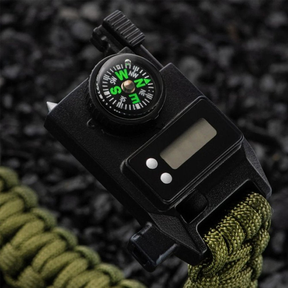 Military wristwatch featuring a digital screen and compass on a tactical strap.