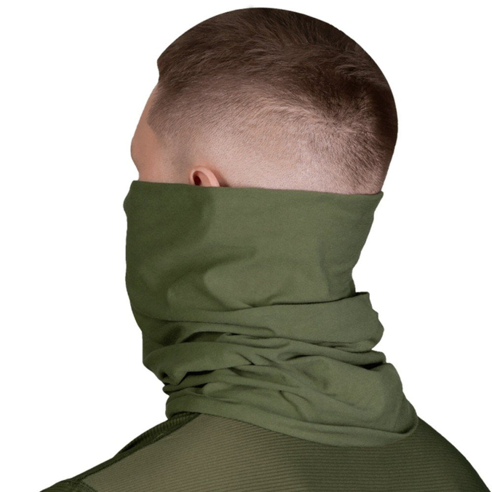 Side view of a man wearing an olive tube scarf, providing full neck coverage.