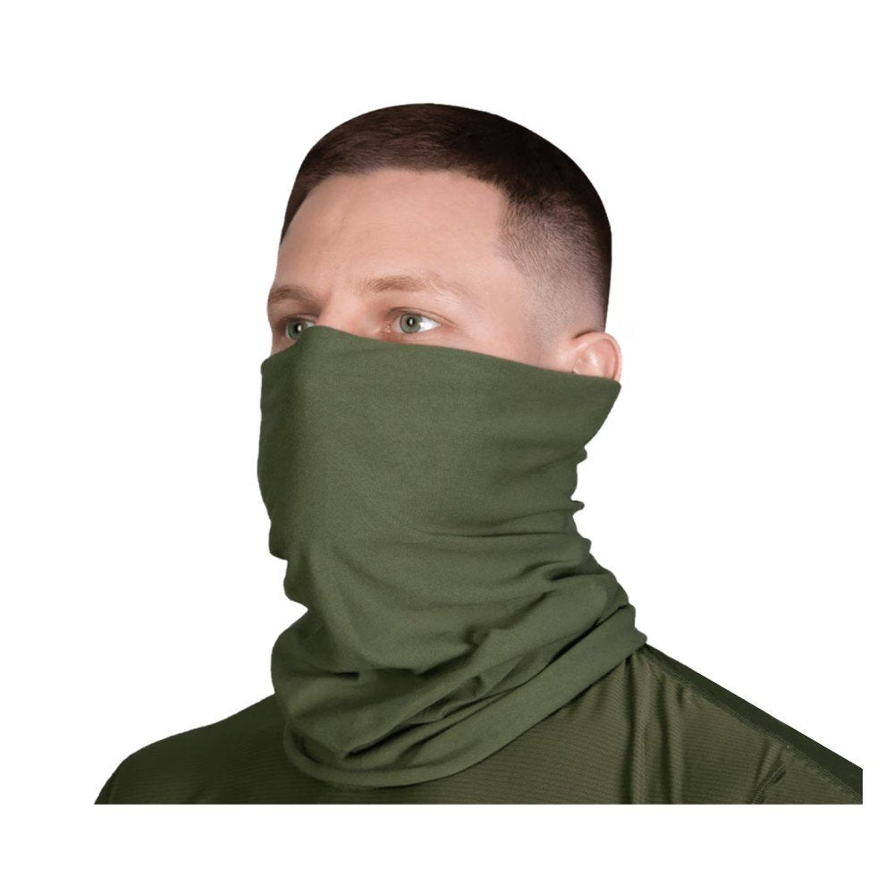 Man wearing an olive-colored tactical tube scarf, covering his neck and lower face.