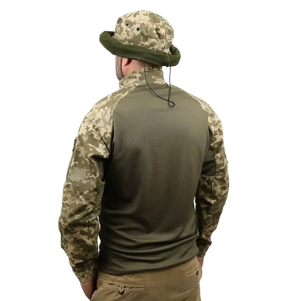 Back view of a man wearing a UBACS shirt in pixel camo with olive green torso.