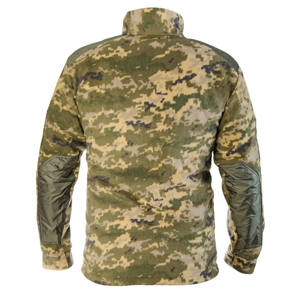 Rear view of a pixel camo jacket with elbow patches.
