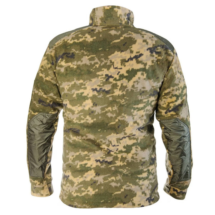 Rear view of a pixel camo jacket with elbow patches.
