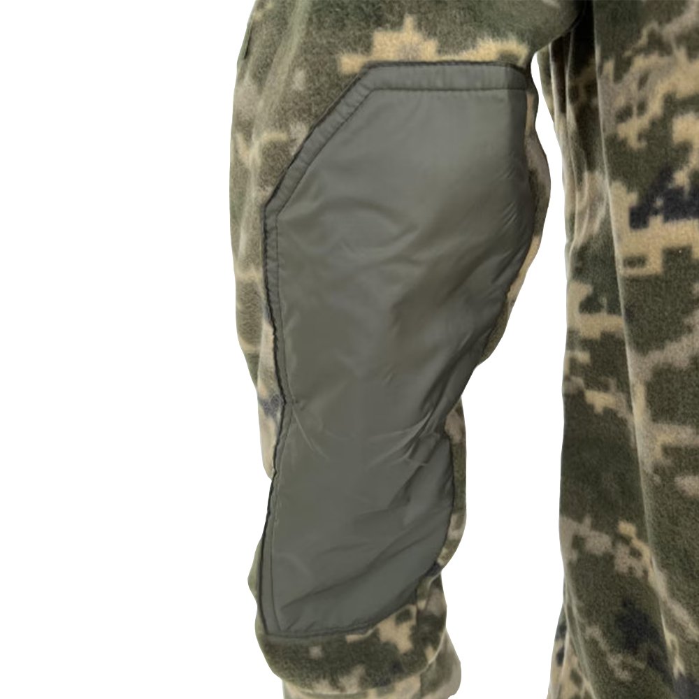 Detail of reinforced elbow patches on a military camo jacket.