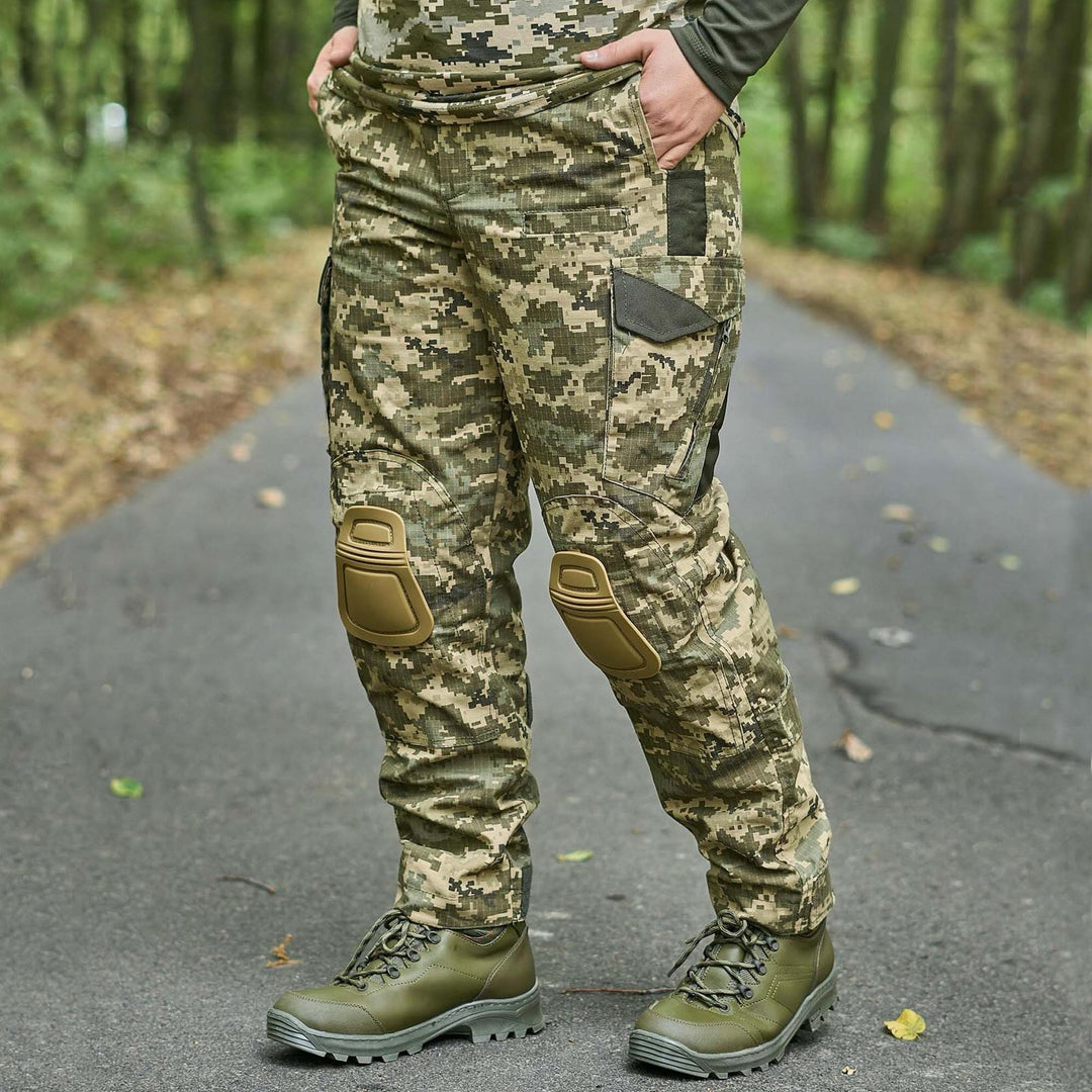 Front view of Ukrainian Army MM14 pixel camo pants with built-in knee pads.