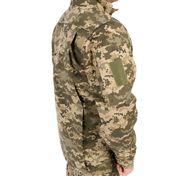 Side profile of the Ukrainian digital camo uniform.