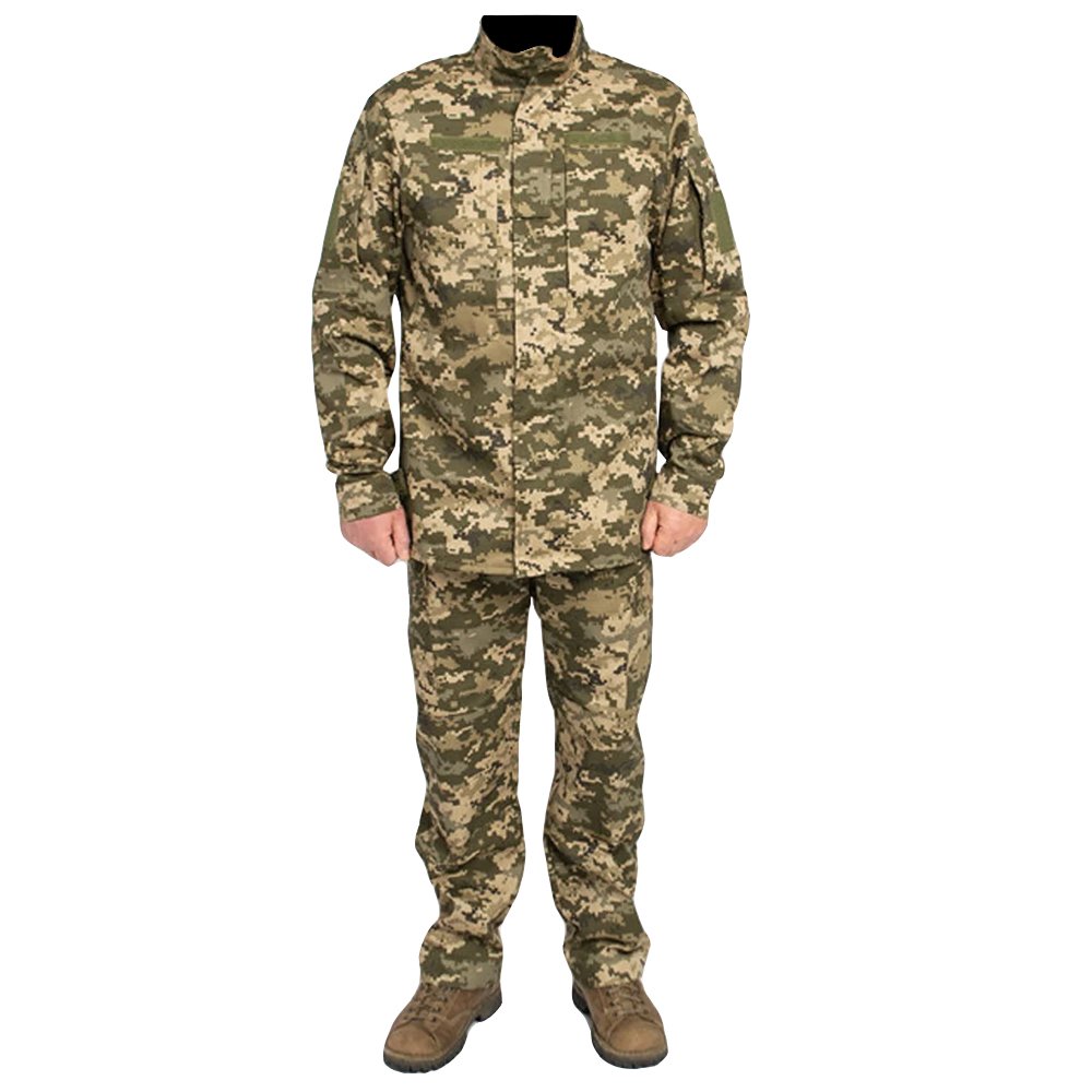 Ukrainian army uniform featuring digital pixel MM14 camo pattern, full view.