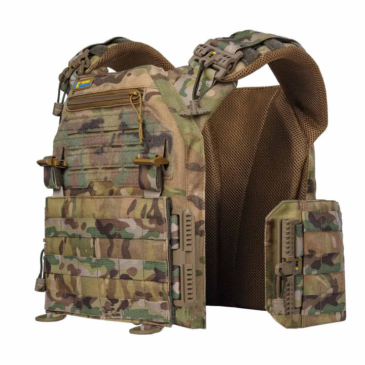 Side view of multicam tactical plate carrier vest with MOLLE straps