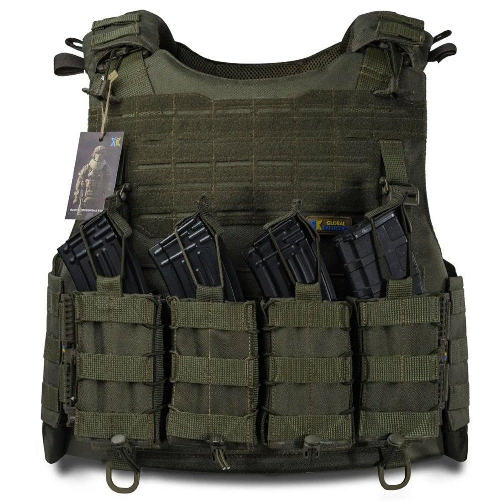 Olive plate carrier vest front view with magazine holders and MOLLE webbing
