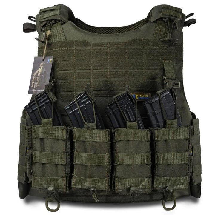 Olive plate carrier vest front view with magazine holders and MOLLE webbing