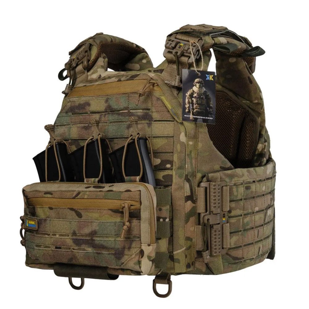 Angled front view of multicam plate carrier with admin pouch, mag pouches, and quick-release buckles