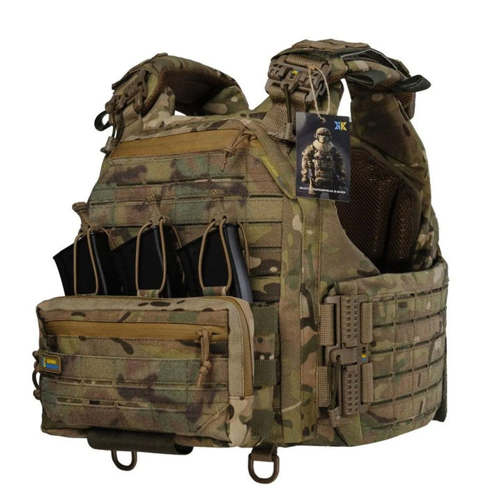 Angled front view of multicam plate carrier with admin pouch, mag pouches, and quick-release buckles