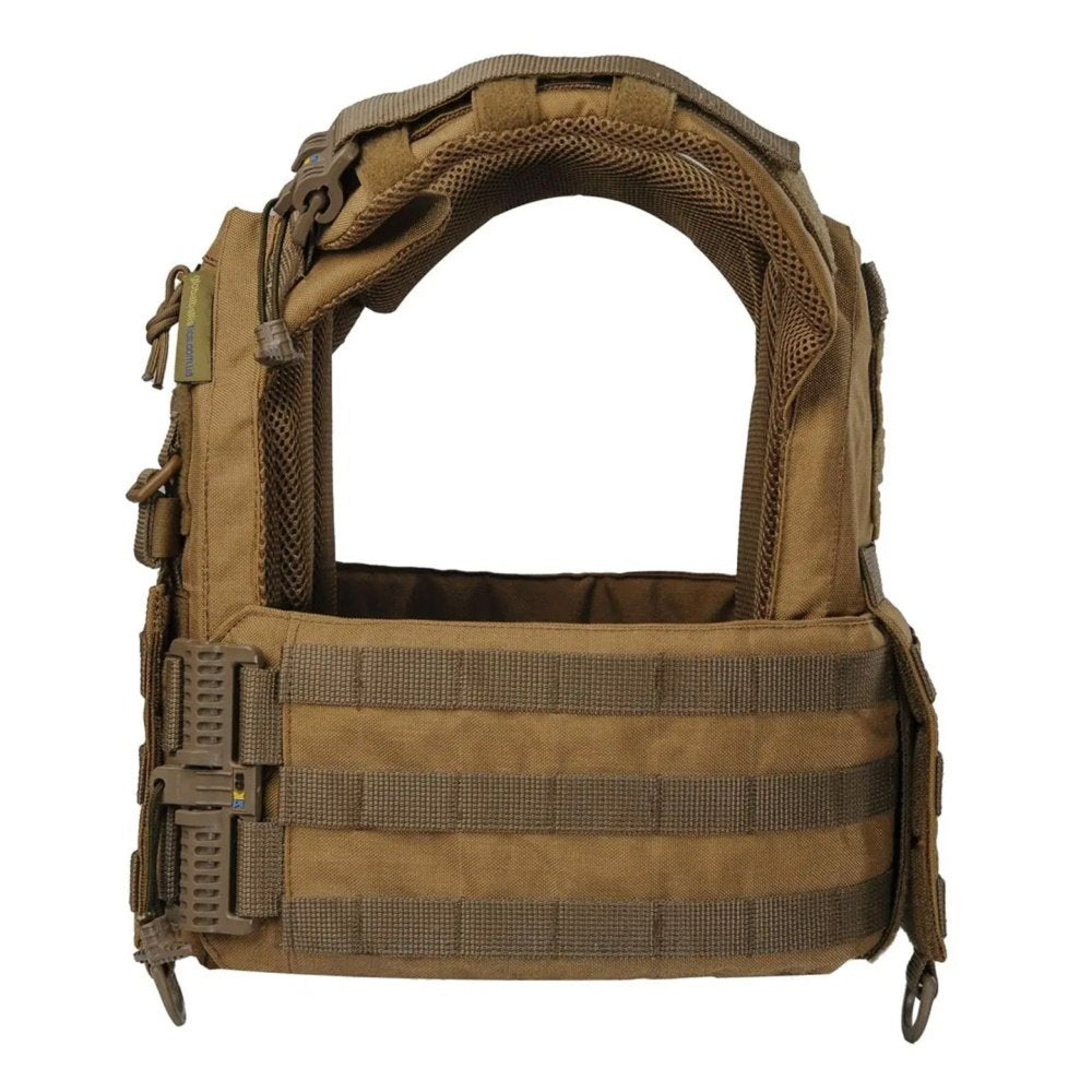 Side view of coyote military plate carrier with padded shoulder straps, side cummerbund, and MOLLE system