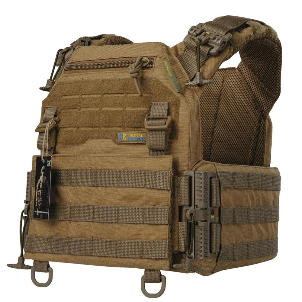 Angled front view of coyote tactical vest with front pocket, MOLLE panel, and side protection system
