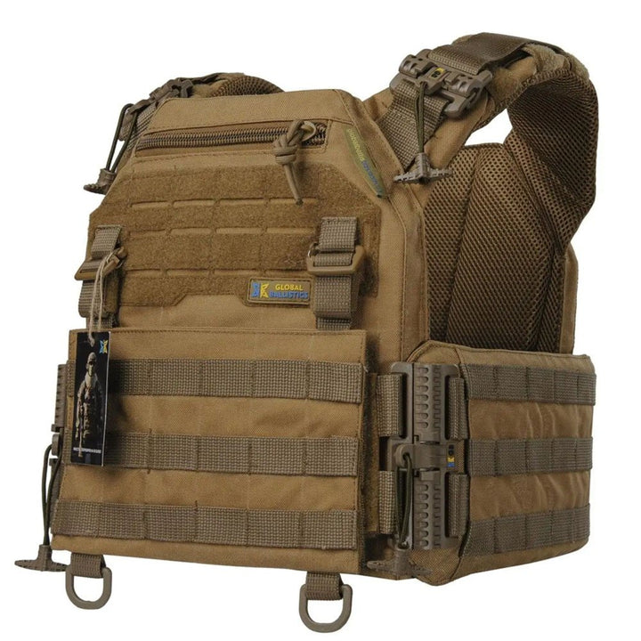 Angled front view of coyote tactical vest with front pocket, MOLLE panel, and side protection system