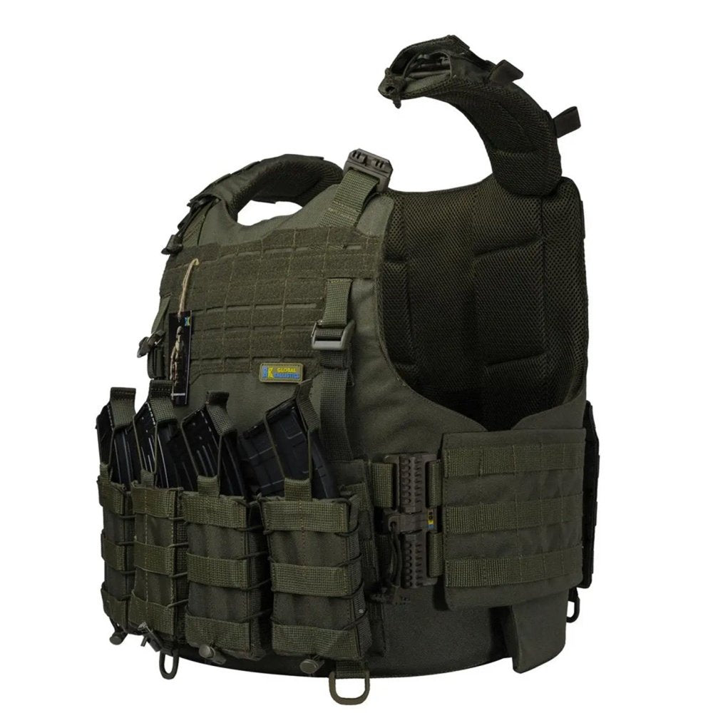 Olive tactical vest with open shoulder strap and padded interior