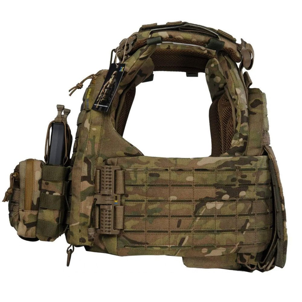 Side profile of multicam tactical plate carrier with cummerbund, MOLLE webbing, and quick-release system
