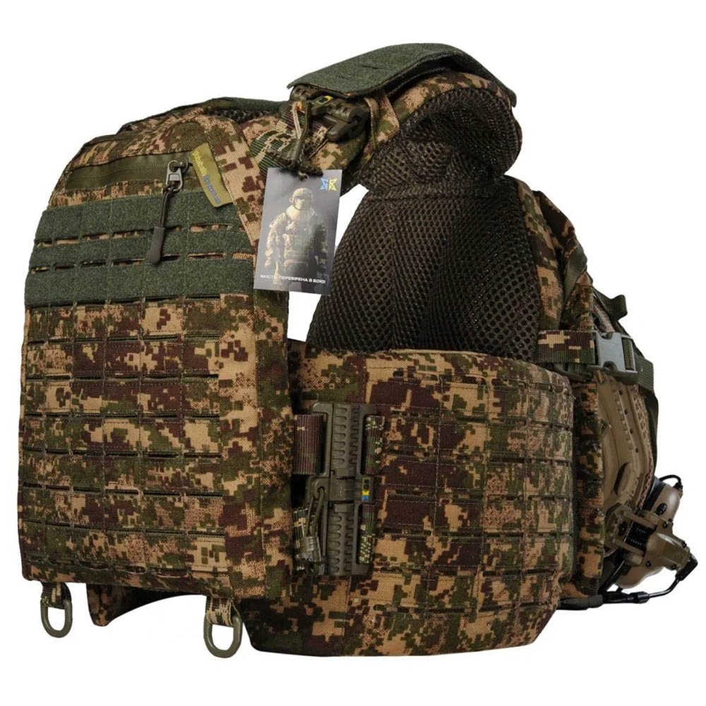 Predator camouflage plate carrier vest with MOLLE system, side protection, quick release buckles, and tactical military design