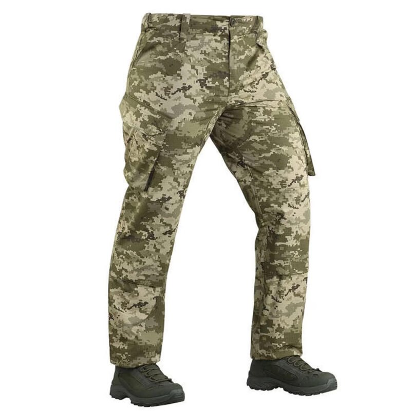 Front angled view of MM14 camouflage pants equipped with cargo pockets.