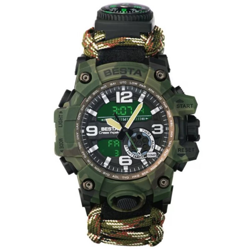 Detailed View of a Multi-Function Watch with Green Camo