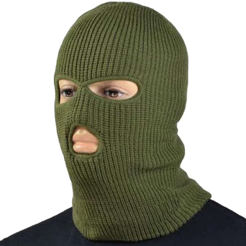 Three-hole army surplus balaclava hat in olive green, windproof for military use