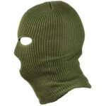Army surplus green knitted ski balaclava with adjustable openings for eyes and mouth.