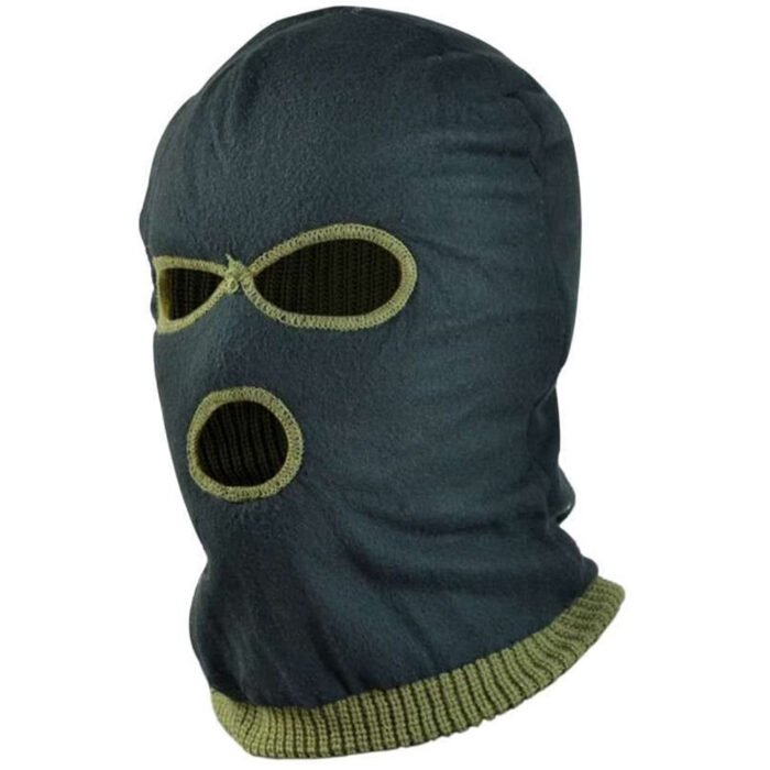 Olive green Ukrainian army knitted balaclava with 3 holes for eyes and mouth, suitable for military gear.