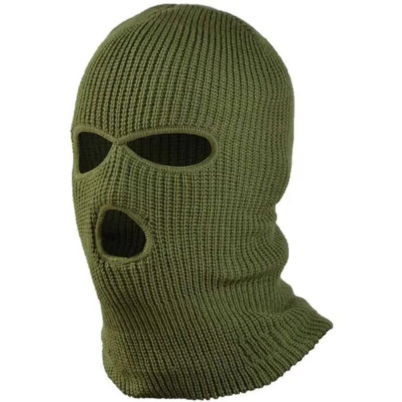 Three-hole army surplus balaclava hat in olive green, windproof for military use.
