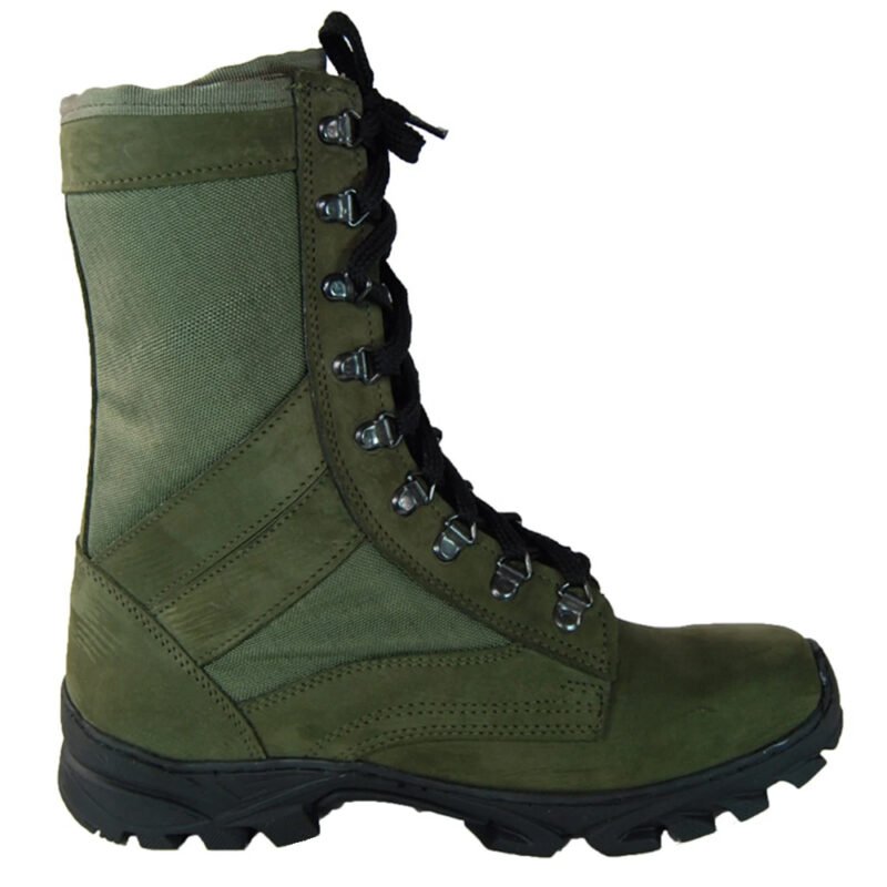 Angled view of olive combat boots for men