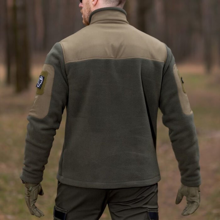 Back view of a tactical surplus fleece jacket in forest green and khaki.