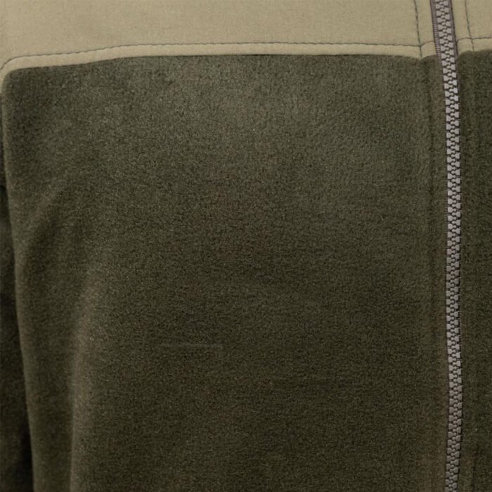 Close-up of the fleece texture on a khaki army jacket.