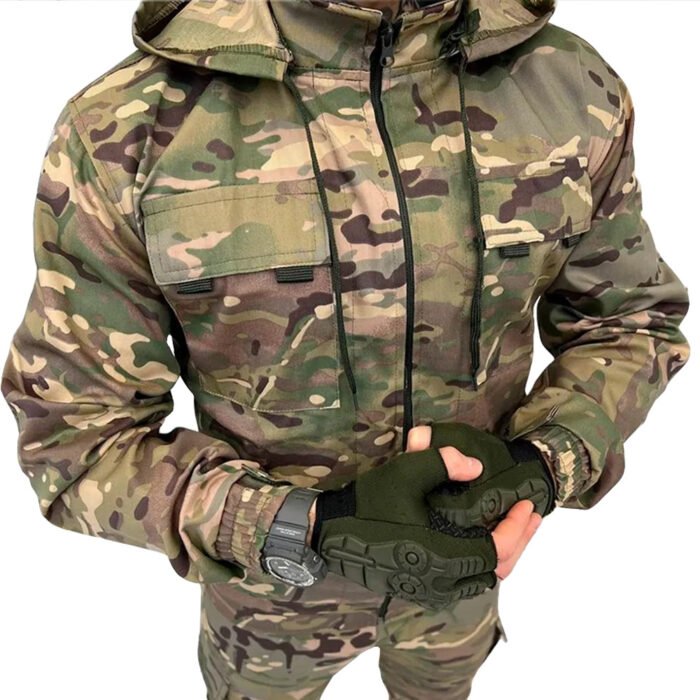 Frontal view of the full Ukrainian army multicam uniform, illustrating the jacket and trousers ensemble.