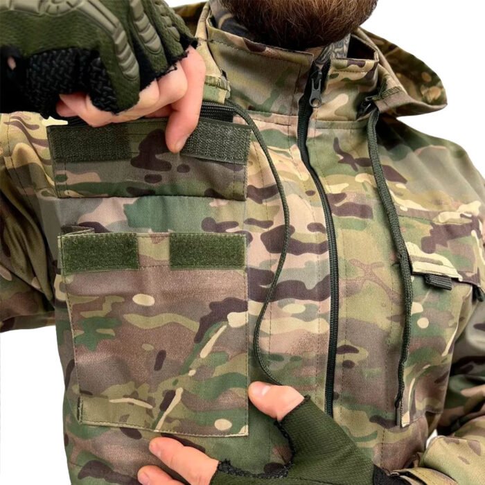 Front chest pockets on multicam camouflage tactical jacket, showcasing practical storage for Ukrainian army personnel.