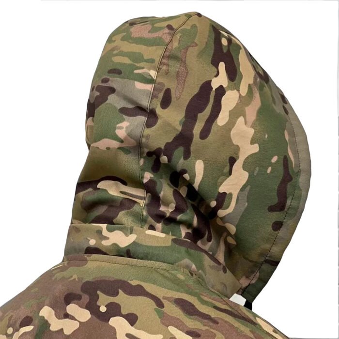 Detailed design of the detachable hood on the Ukrainian army multicam tactical jacket, suitable for variable weather conditions.