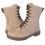 A pair of beige tactical combat boots ready for military and outdoor activities.