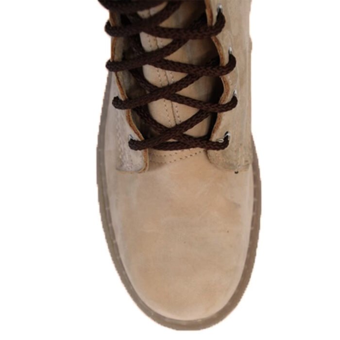 Top view of beige tactical combat boots with sturdy laces.