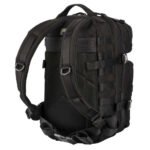 back view of a black tactical backpack showcasing its profile.