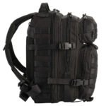 Full view of the front of a black tactical backpack.