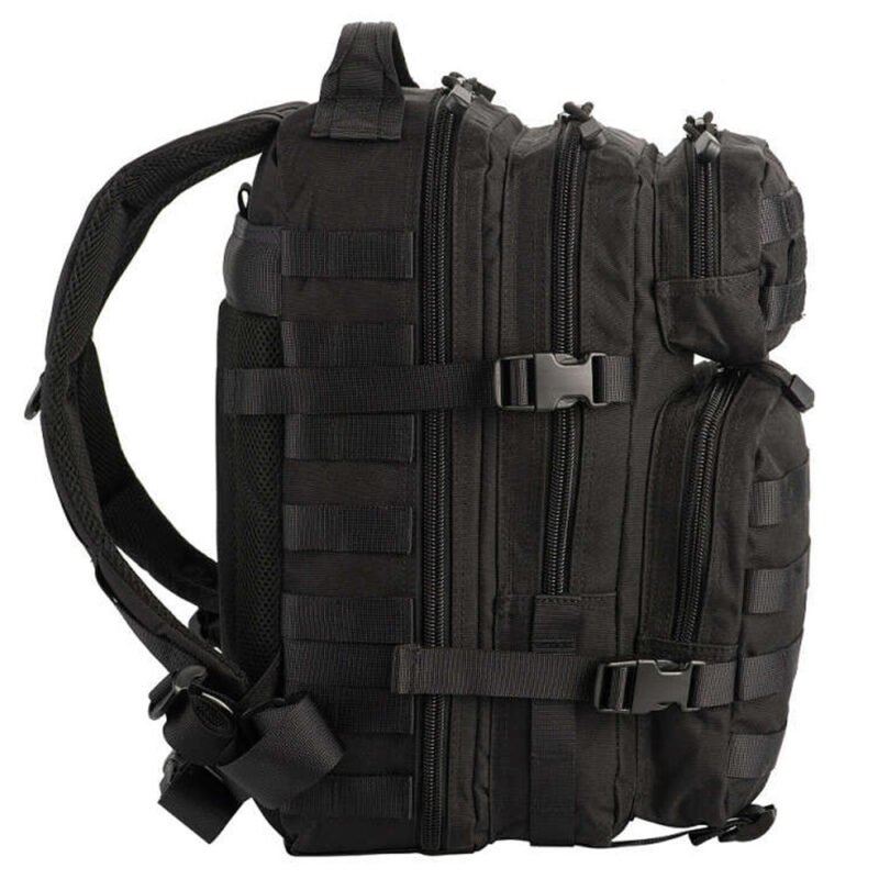 Full view of the front of a black tactical backpack.