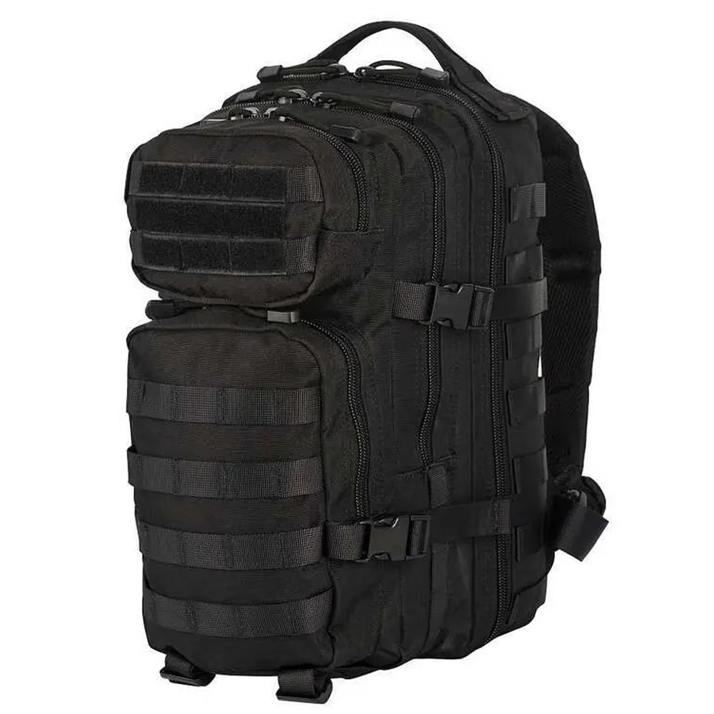 Full view of a black tactical backpac