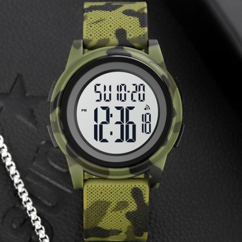 Illuminated digital display of a camouflage wristwatch