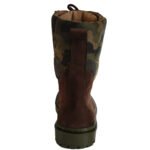 Angled view of brown leather ankle boots with camouflage